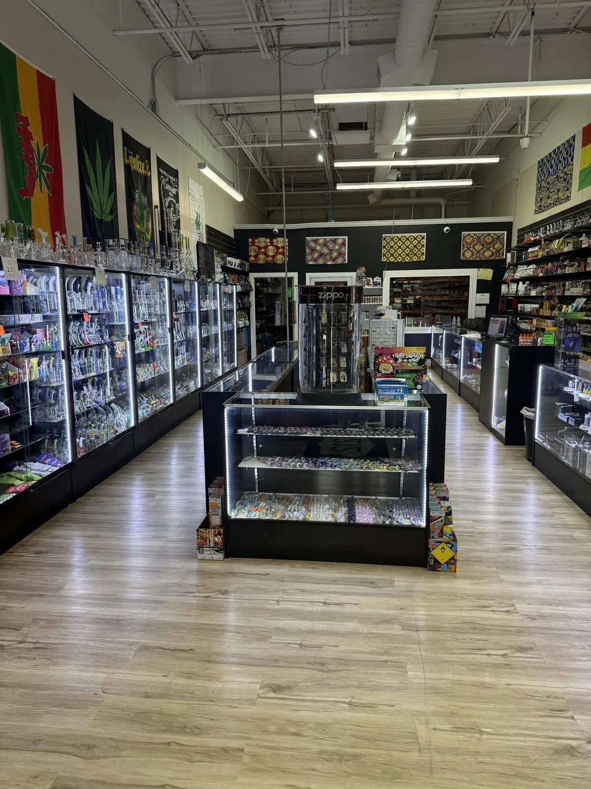 Inside 212 Tobacco — glass display cases, pipes and accessories